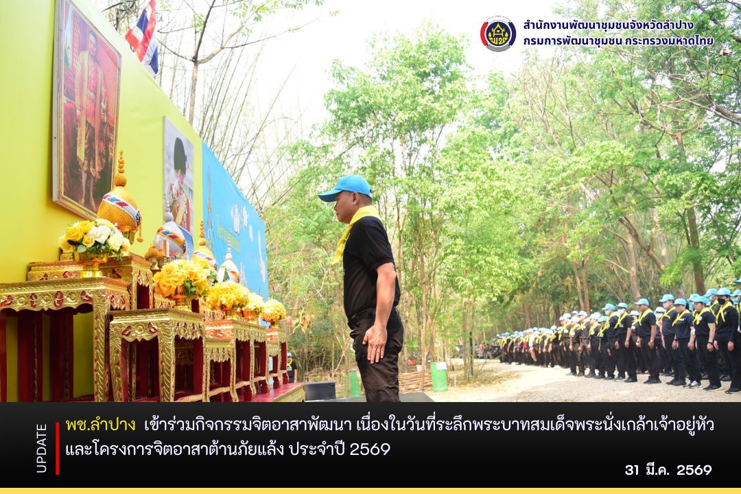 พช.ลำปาง เข้าร่วมกิจกรรมจิตอาสาพัฒนา เนื่องในวันที่ระลึกพระบาทสมเด็จพระนั่งเกล้าเจ้าอยู่หัว และโครงการจิตอาสาต้านภัยแล้ง ประจำปี 2569 