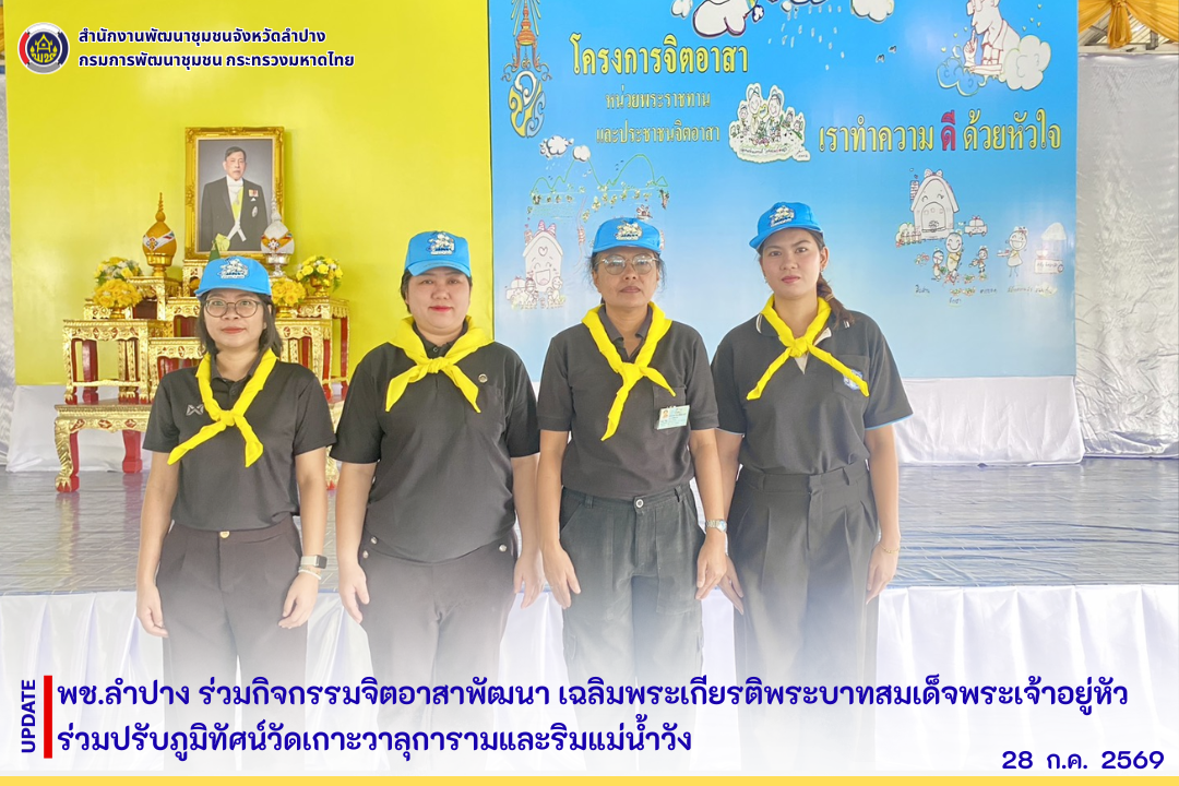 พช.ลำปาง ร่วมกิจกรรมจิตอาสาพัฒนา เฉลิมพระเกียรติพระบาทสมเด็จพระเจ้าอยู่หัว ร่วมปรับภูมิทัศน์วัดเกาะวาลุการามและริมแม่น้ำวัง